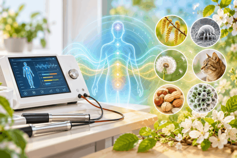 Symbolische Darstellung der Bioresonanztherapie mit einem Gerät, Schwingungslinien und verschiedenen Allergieauslösern.