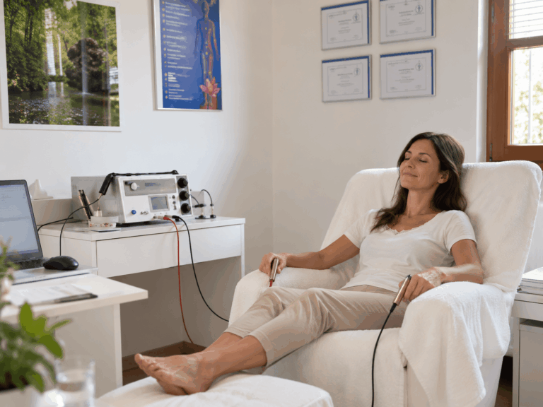 Frau während einer Bioresonanzanwendung in einem Behandlungsraum mit Bioresonanzgerät und Elektroden